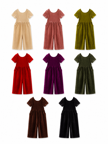 Girls’ jumpsuits: Eight girls’ velvet wide-leg jumpsuits with pockets in ivory, dusty rose, light olive, red, plum, dark olive, brown and black.