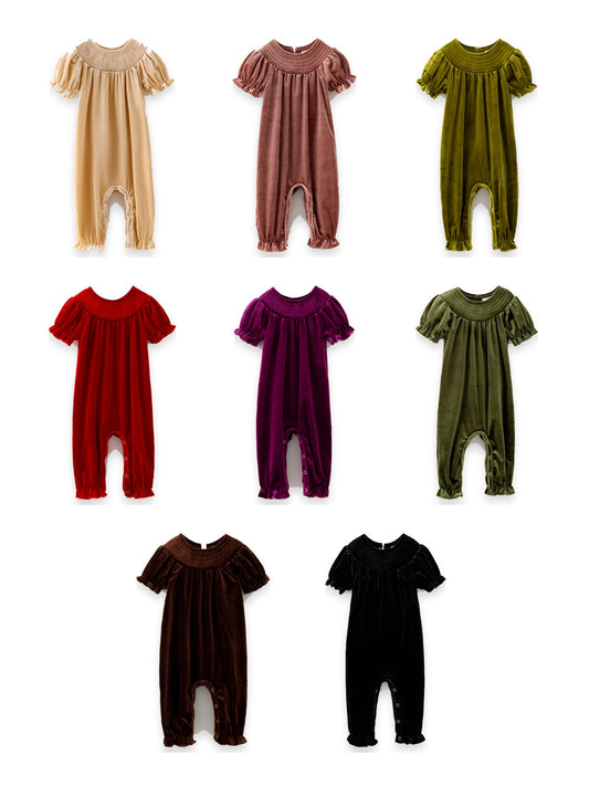 girls smocked velvet holiday rompers in 8 colors on white background