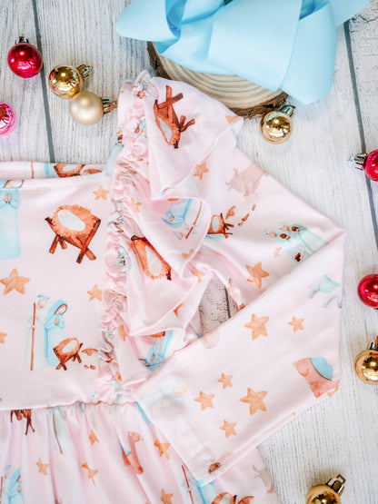 Matching vintage nativity scene baby blanket with Christmas ornaments