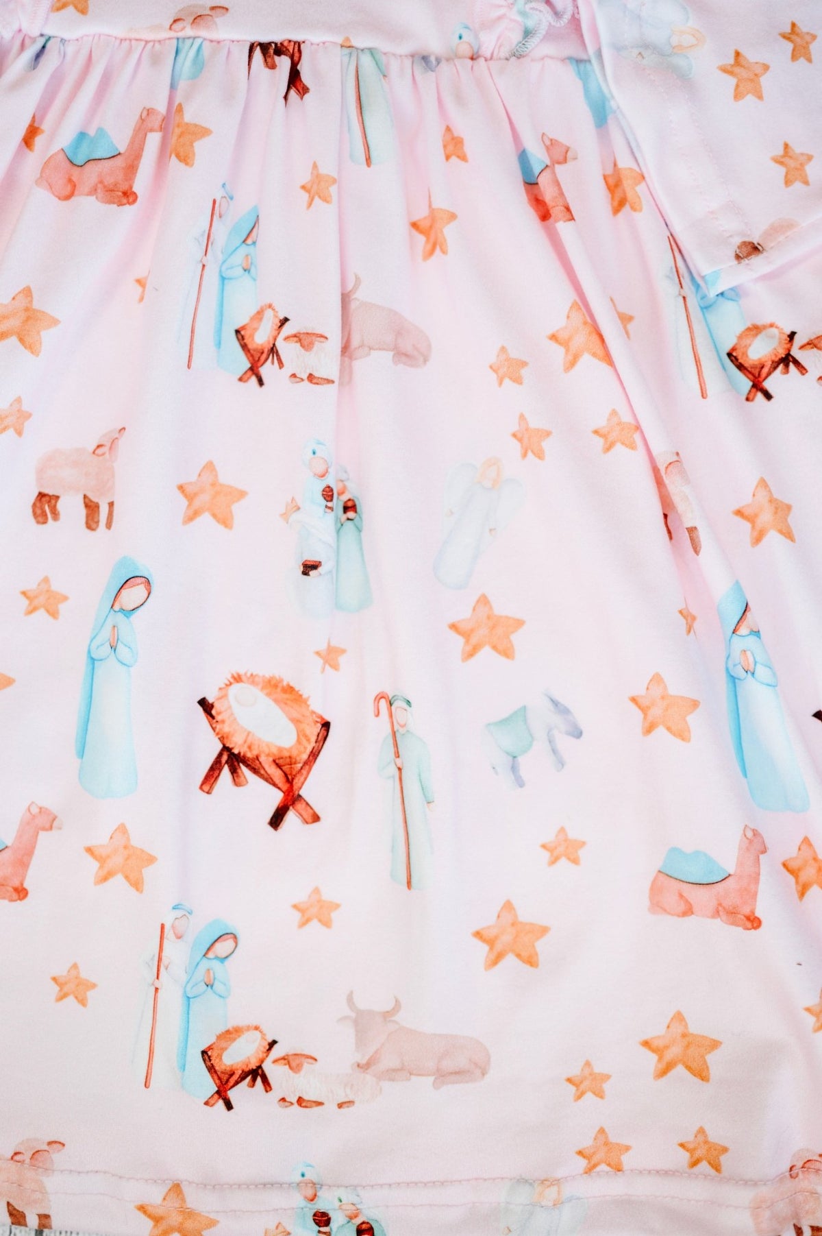 Matching vintage nativity scene baby romper with angels, stars and animals