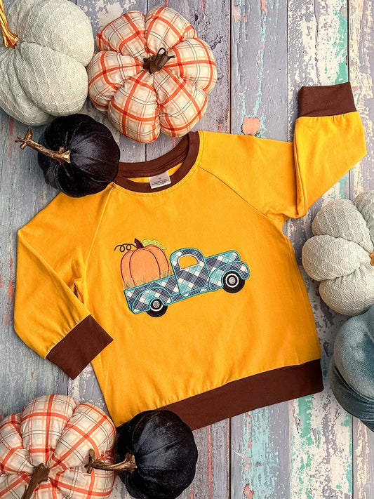 Mustard long sleeve shirt with a plaid truck and pumpkin