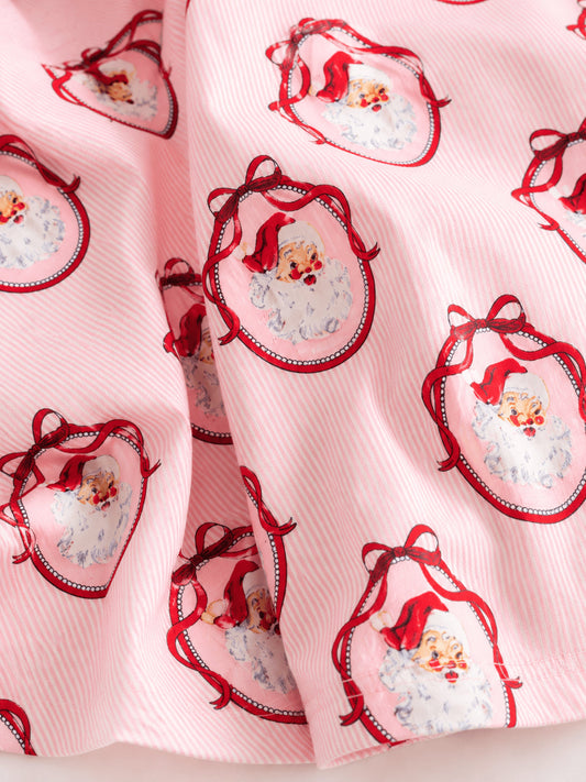 Close-up of pink striped vintage Santa portrait print fabric - Alternative view