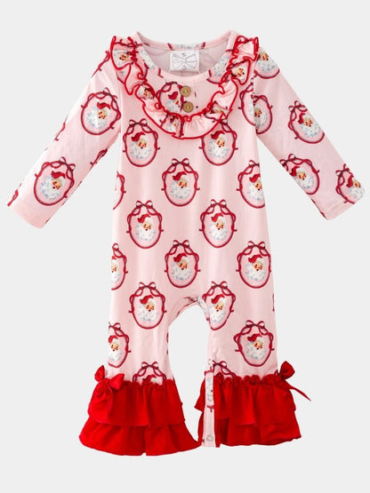 Vintage Santa Christmas infant romper with classic Santa print, red ruffle legs, bow accents, and snap closures.