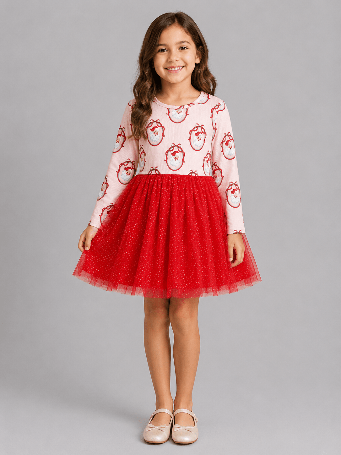 Girls Vintage Santa Christmas tutu dress styled in a festive holiday flatlay with a classic Santa print, glitter red tulle skirt, and coordinating Christmas accessories.