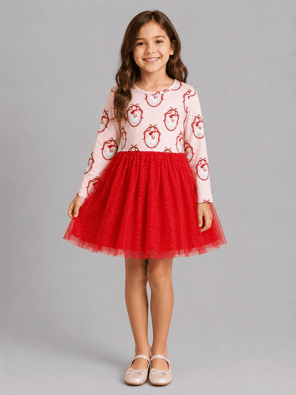 Girls Vintage Santa Christmas tutu dress styled in a festive holiday flatlay with a classic Santa print, glitter red tulle skirt, and coordinating Christmas accessories.
