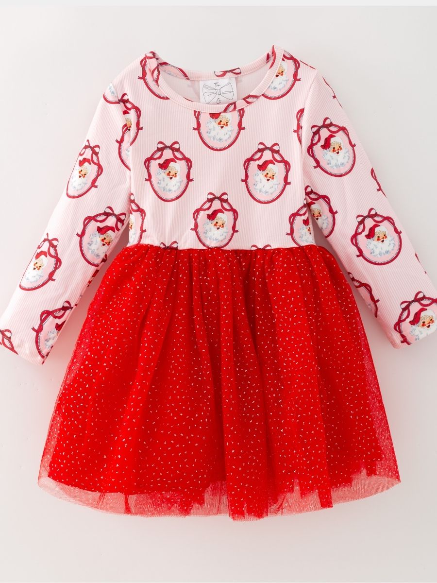 Girls Vintage Santa Christmas tutu dress with long sleeves, pink striped Santa print bodice, glitter red tulle skirt, and a festive holiday design on a white background.