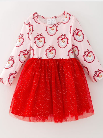 Girls Vintage Santa Christmas tutu dress with long sleeves, pink striped Santa print bodice, glitter red tulle skirt, and a festive holiday design on a white background.
