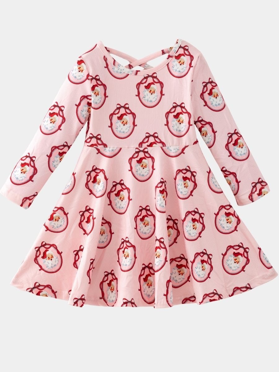 Girls Vintage Santa Christmas twirl dress with long sleeves, pink striped fabric, classic Santa portrait print, and a full twirl skirt on a white background.