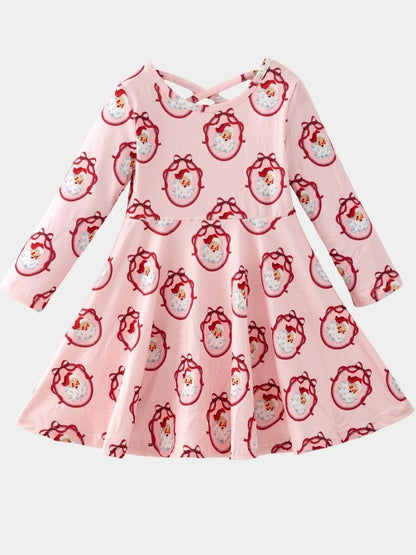 Girls Vintage Santa Christmas twirl dress with long sleeves, pink striped fabric, classic Santa portrait print, and a full twirl skirt on a white background.