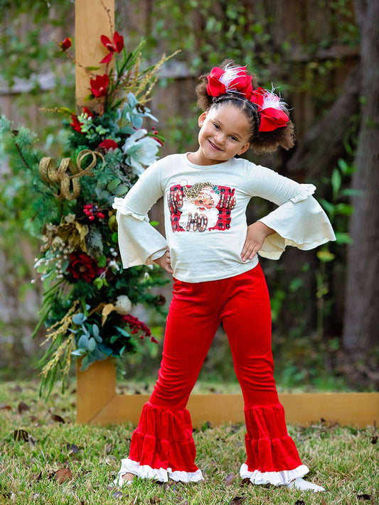 Girl wearing a vintage Santa Christmas shirt with long ruffled sleeves - Alternative view