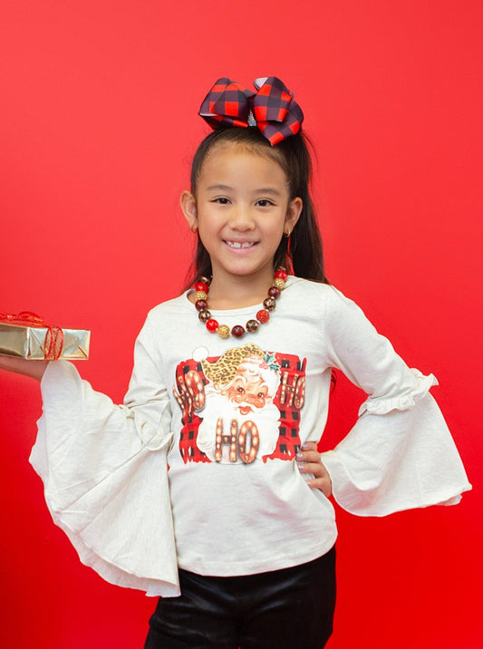 Girls vintage Santa Christmas shirt with long ruffled sleeves
