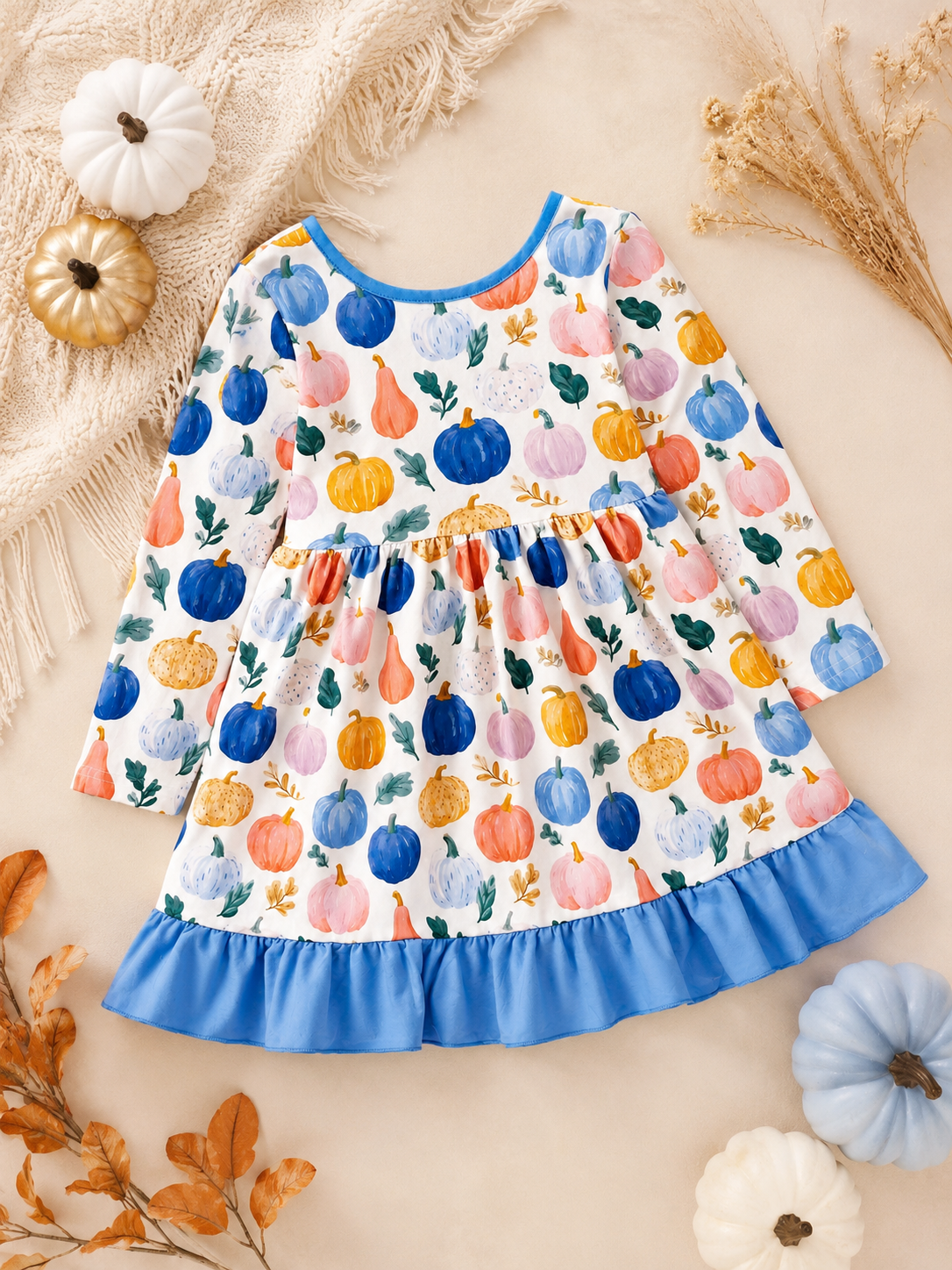 Girls watercolor pumpkin print dress flat lay with blue ruffle hem and boutique fall styling