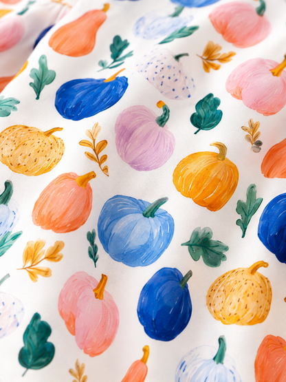 Close-up of watercolor pumpkin print fabric on a girls boutique fall dress, showing soft knit texture and colorful autumn details.