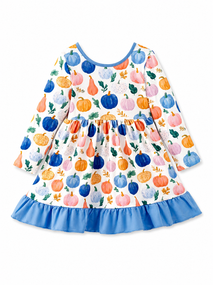 Girls Watercolor Pumpkin Ruffle Dress with Blue Hem, Long Sleeves and Colorful Fall Pumpkin Print