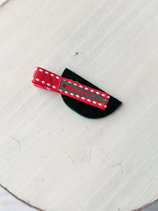 Back of watermelon clippie showing single prong alligator clip - Alternative view