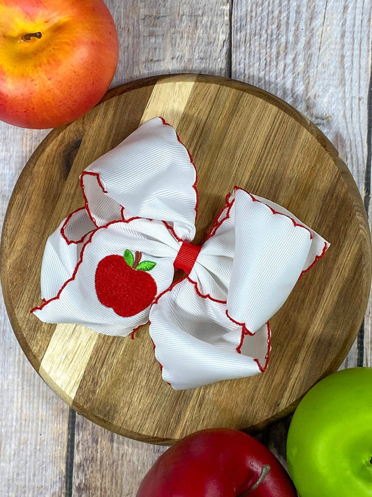 White Apple Embroidered Moonstitch Hair Bow - clip style