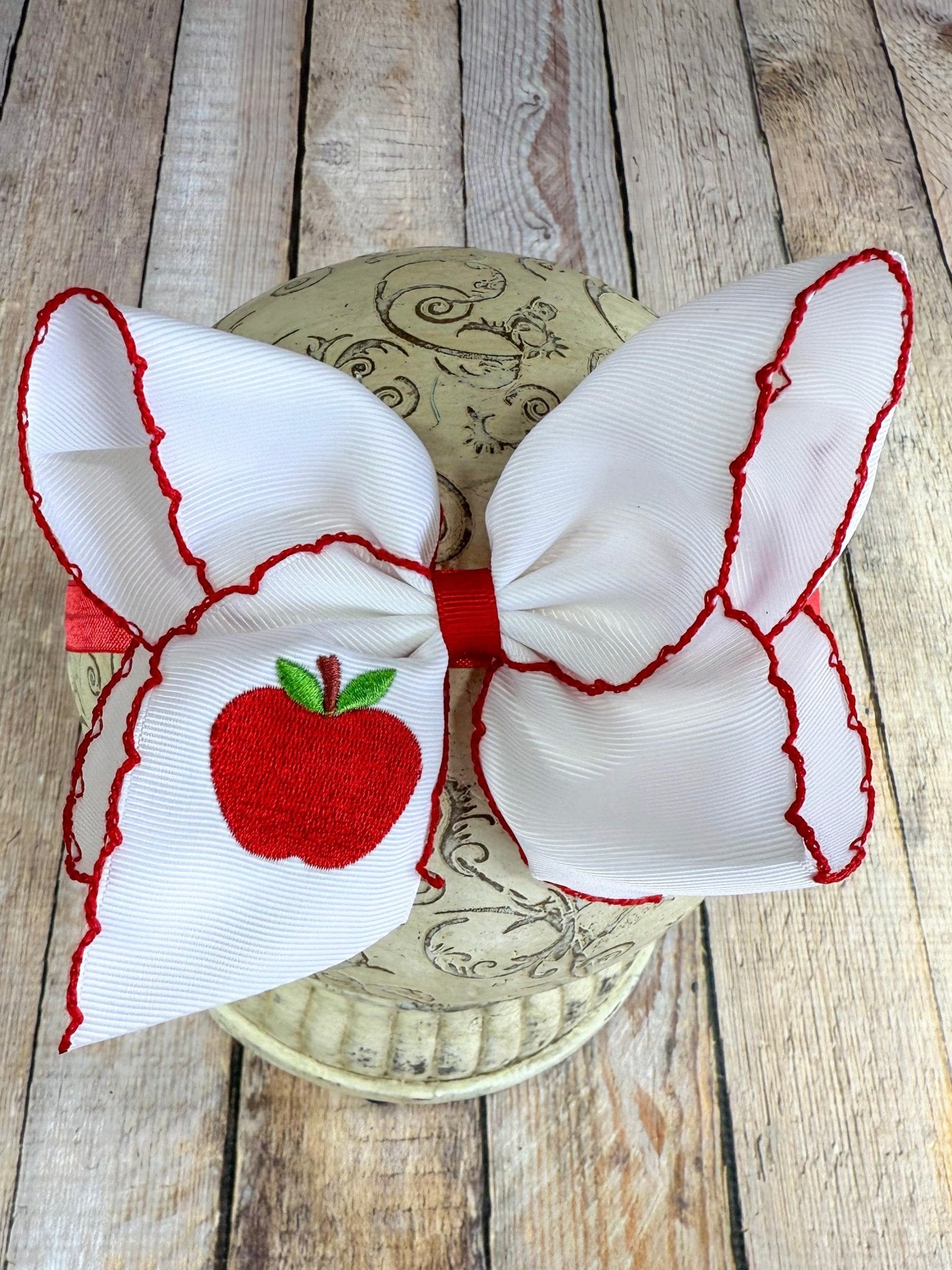 White Apple Embroidered Moonstitch Bow Headband - satin elastic style
