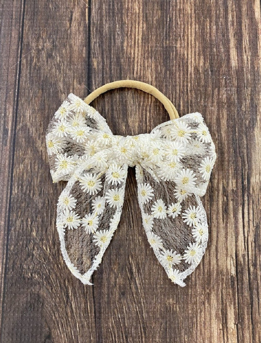 White lace bow hair tie with daisy print detail
