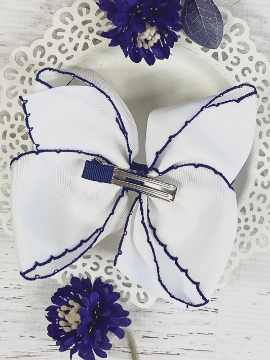 Back of the White with Navy Moonstitch Hair Bow - Alternative view