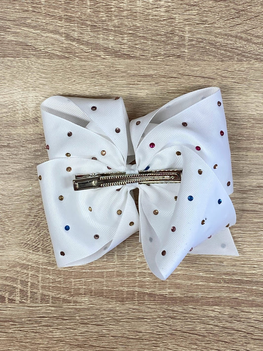 Back of white with rainbow rhinestones hair bow showing alligator clip - Alternative view