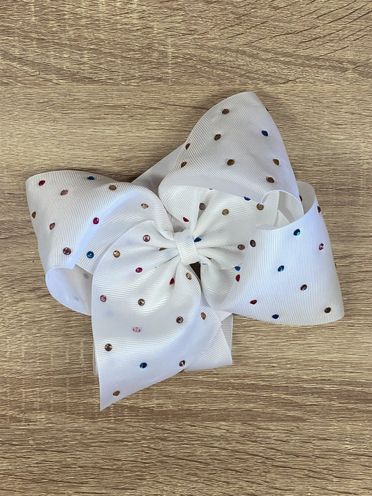 White hair bow with rainbow rhinestones on alligator clip