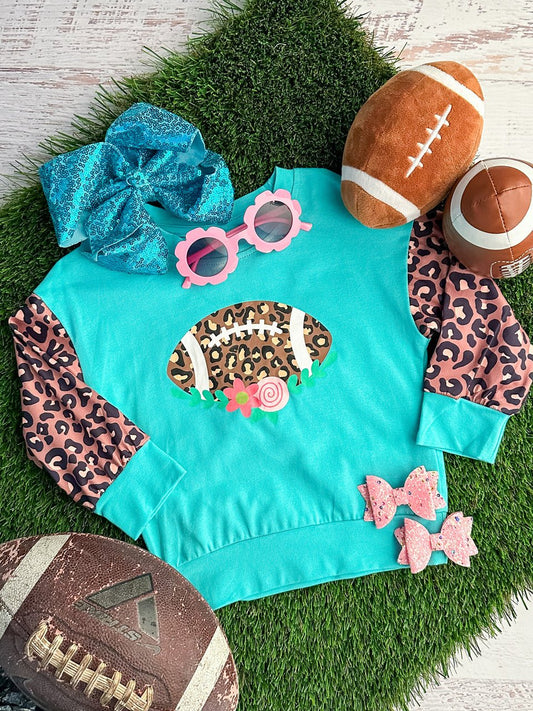 aqua & animal print football top with floral accents  - Alternative view