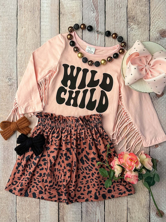 Pink long sleeve fringe top with Wild Child design with animal print skirt - Alternative view