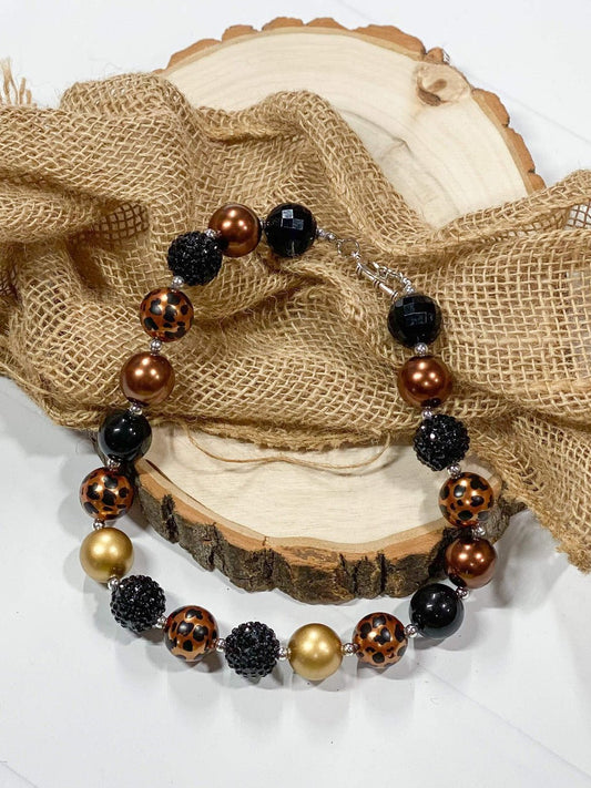 Chunky bead necklace with black, gold and leopard beads - Alternative view