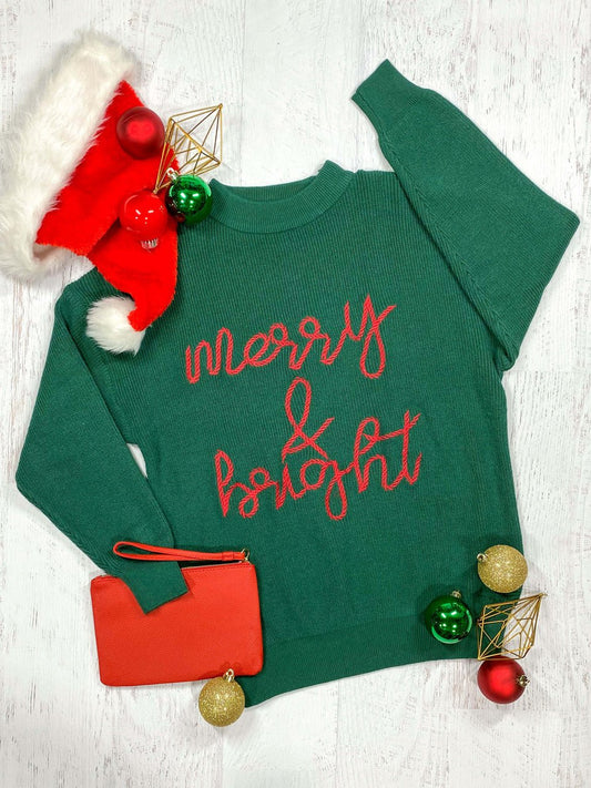 Mommy & Me green sweater with Merry & Bright in red - Womens - Alternative view