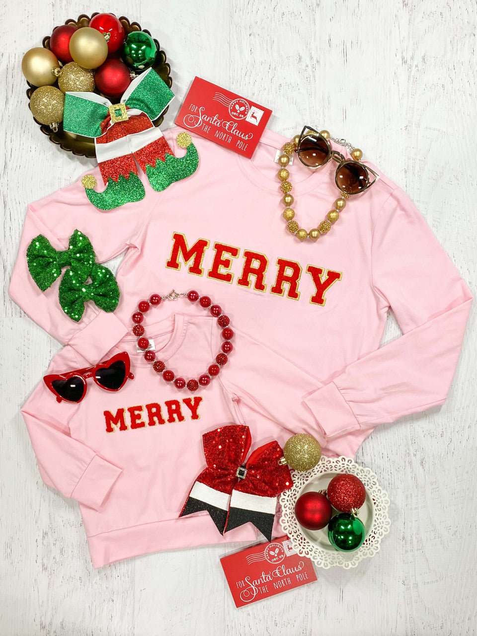 Pink Merry chenille sweatshirts for mom and girl