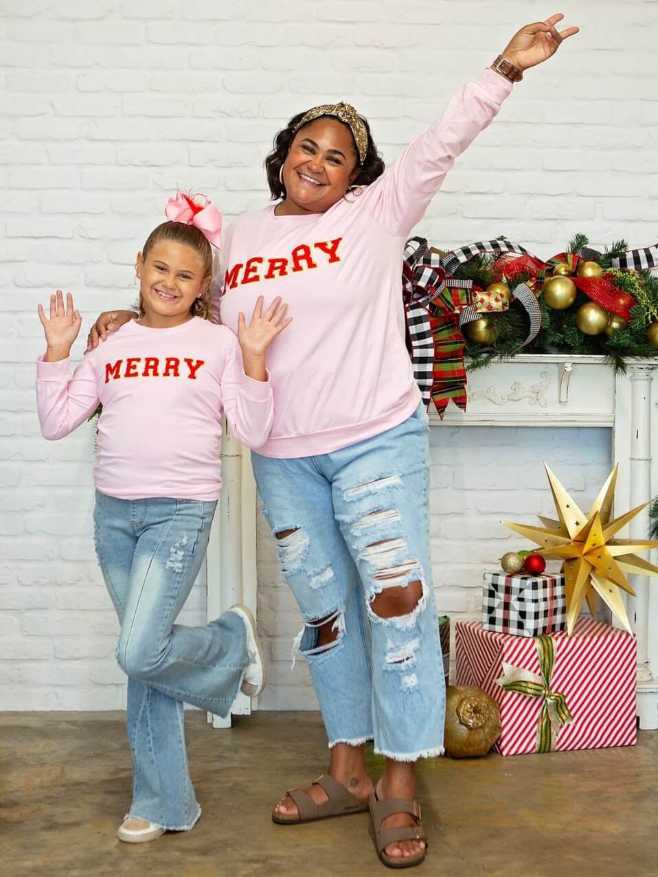 Mom and daughter in matching pink Merry chenille tops