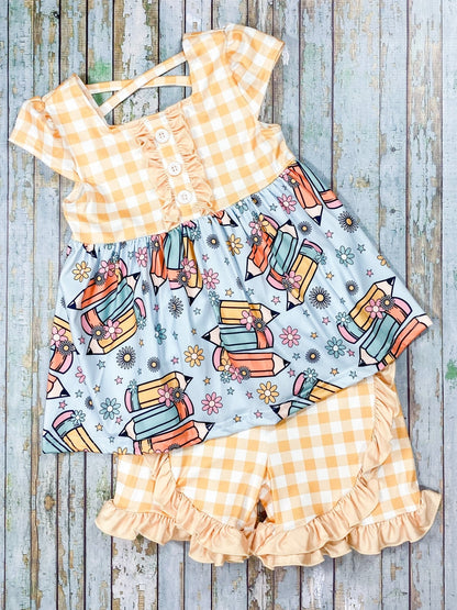Yellow Gingham and Pencils print ruffled shorts set