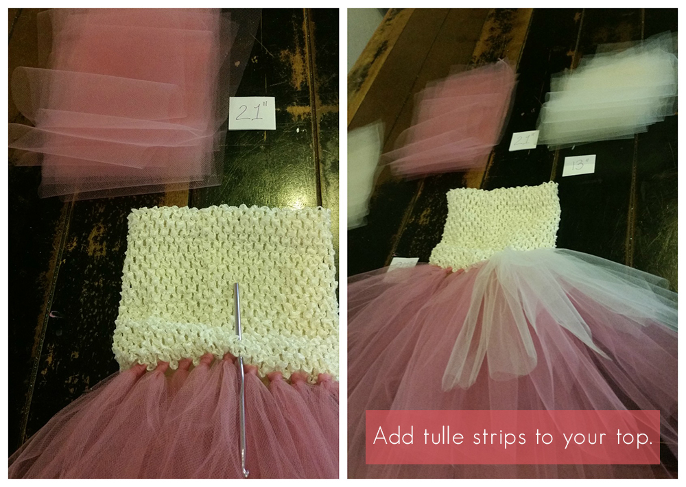 Adding tulle strips to a crochet top to make a tutu dress.